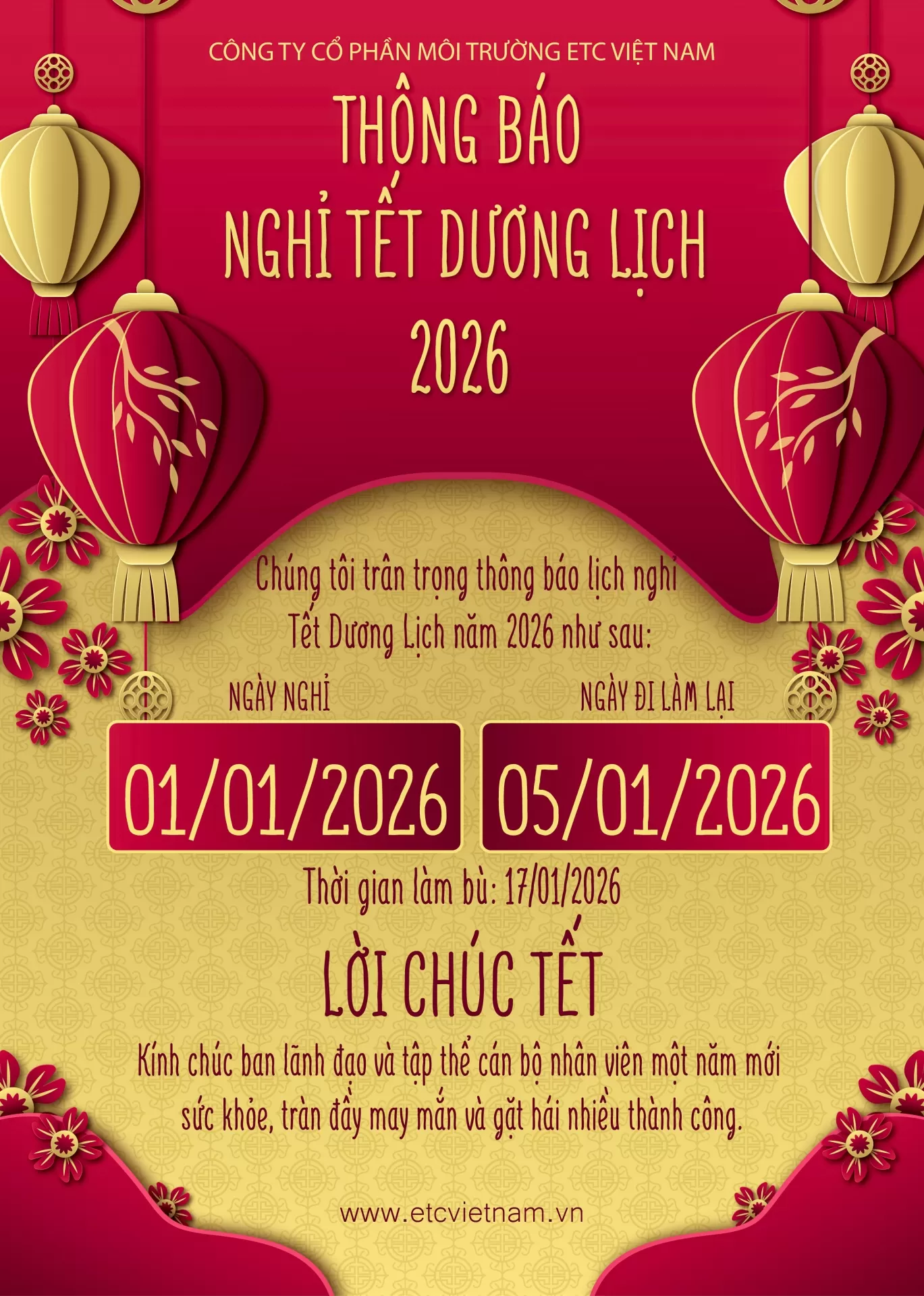 CÔNG TY CỔ PHẦN MÔI TRƯỜNG ETC VIỆT NAM THÔNG BÁO LỊCH NGHỈ TẾT DƯƠNG NĂM 2026